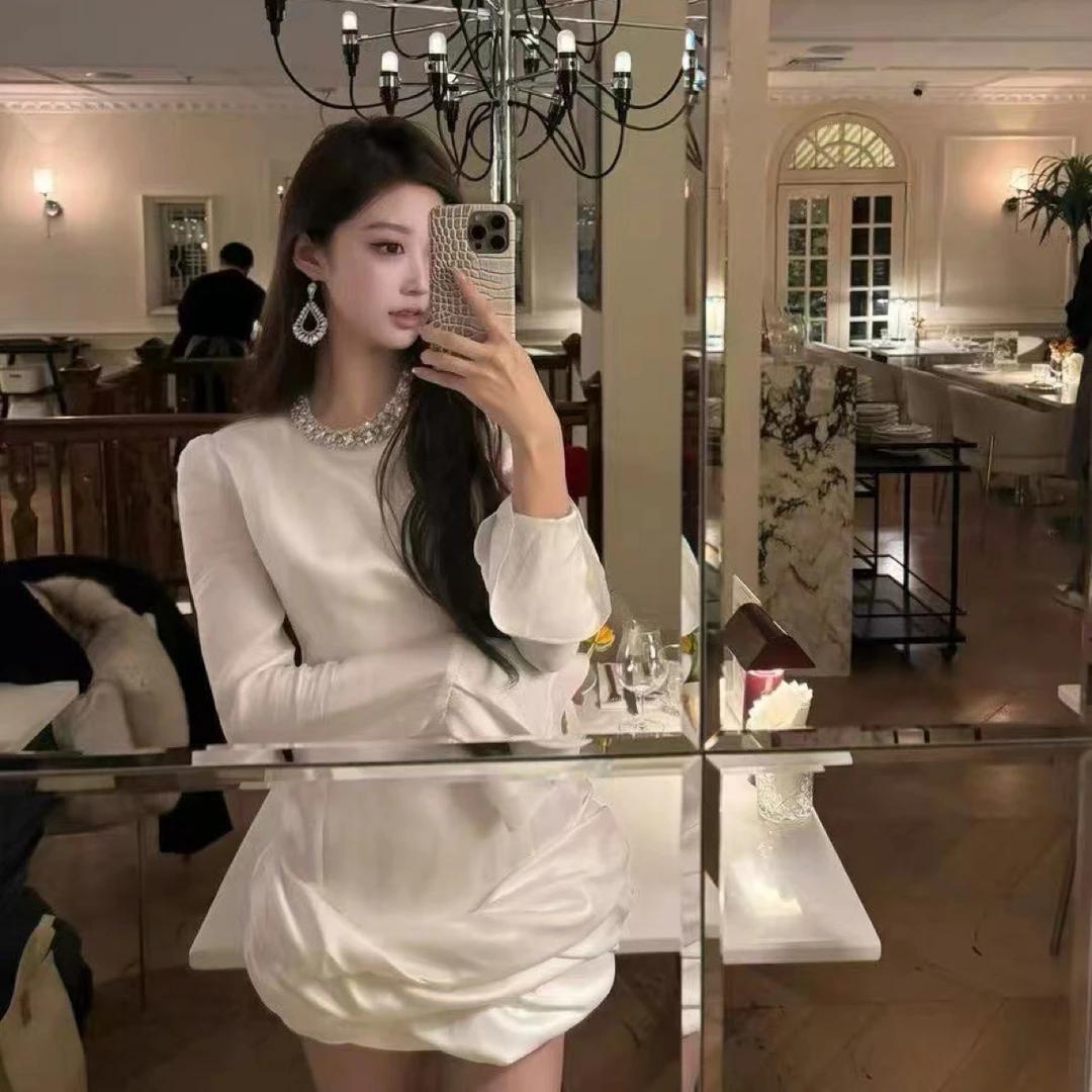 长袖短裙优雅风花苞裙短裙摆礼服重工连衣裙