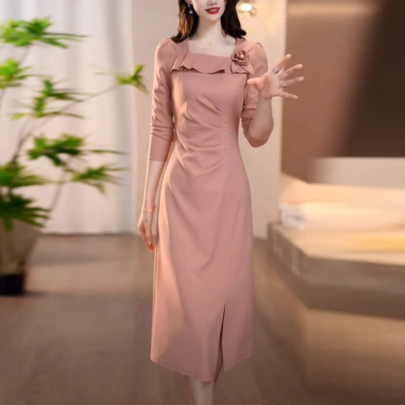 棉感精纺洋气减龄女装2025秋季新款长袖粉色修身显瘦法式连衣裙子