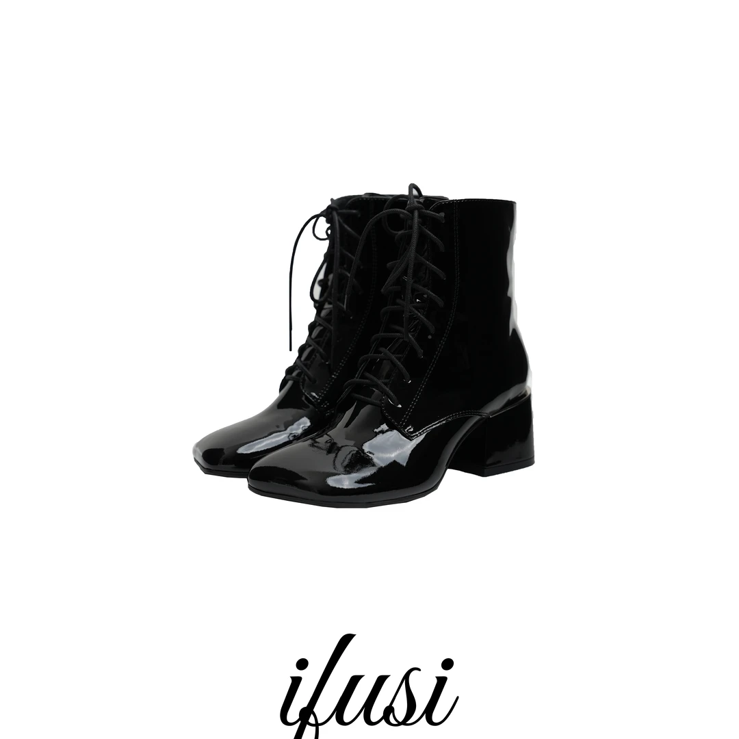 【断码特价】 轻奢时尚方头绑带漆皮粗跟中靴2399-8