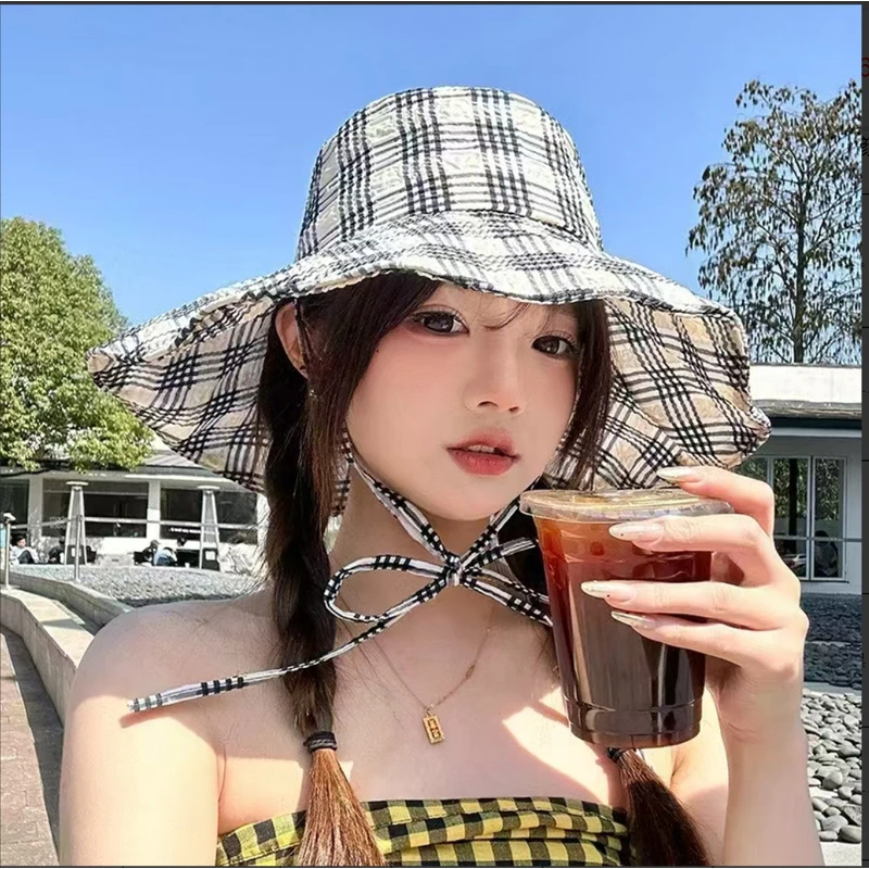 【西藏新疆包邮】夏季大檐遮阳帽女清新撞色格纹渔夫帽可折叠薄款
