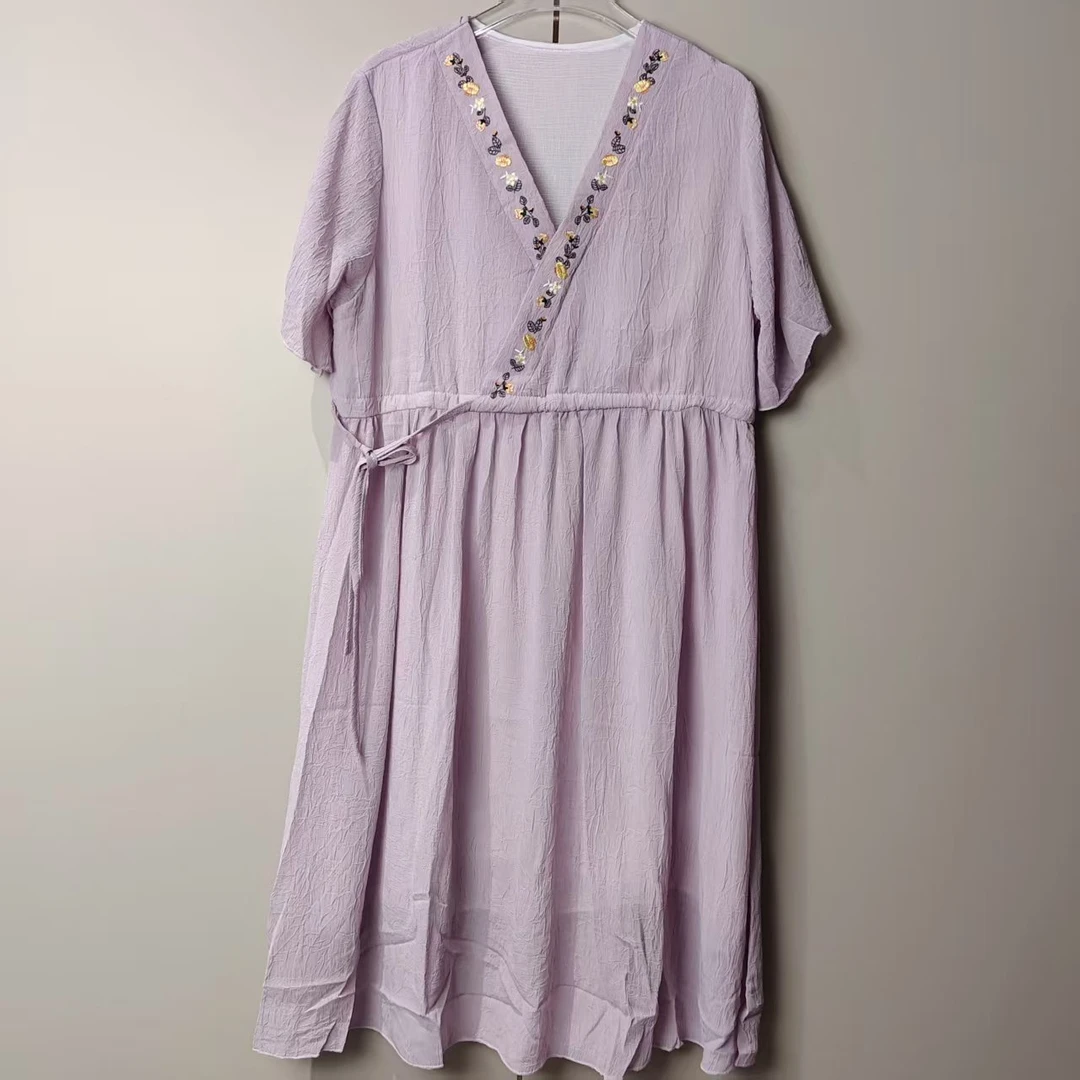 Q49 V领紫色宽松气质连衣裙