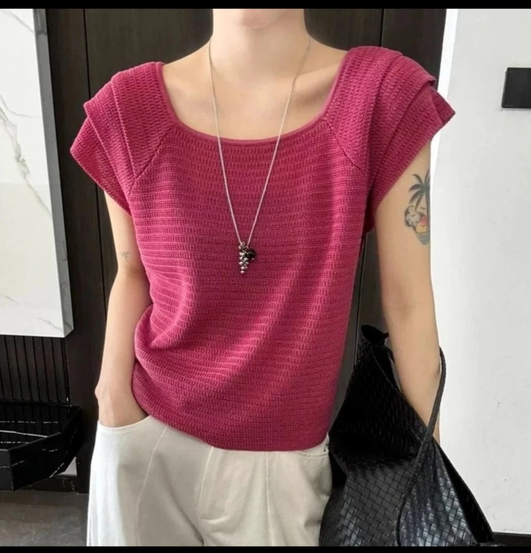 2025夏季新款镂空针织衫U领飞飞袖短袖毛衫薄款599