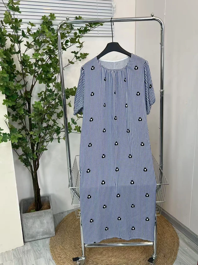 （现）蓝格子 夏季短袖连衣裙棉绸薄款女宽松外穿休闲时尚