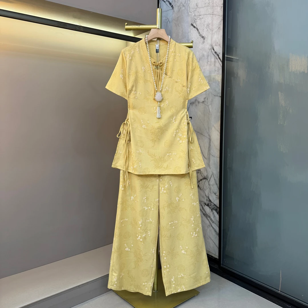 新中式复古提花流苏盘扣斜襟钉珠双层系带上衣+阔腿裤套装5026