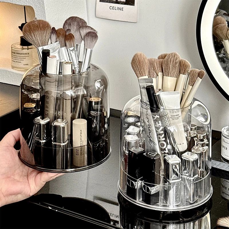 桌面收纳盒化妆品小置物架整理盒旋转化妆刷收纳筒口红透明防尘