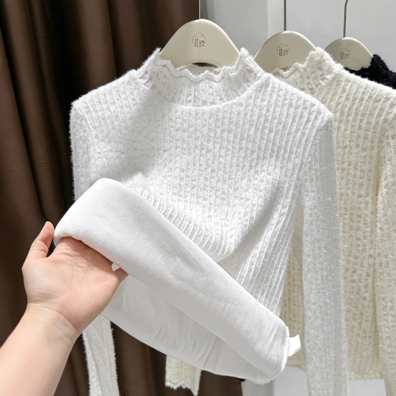 白色花边半高领加绒蕾丝打底衫女秋冬款磨毛小衫内搭洋气保暖上衣