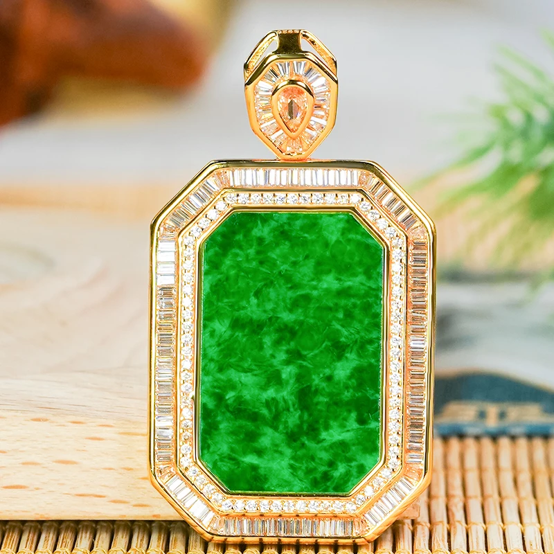天然无事牌翡翠吊坠A货银镶嵌精致豪镶满绿八角方牌项链