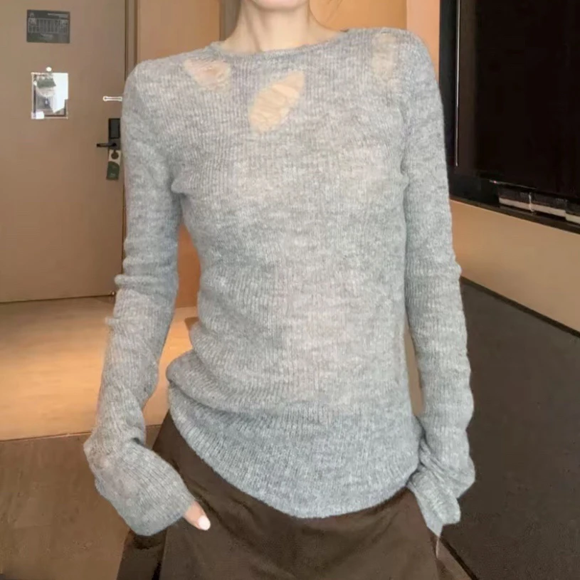 纯欲风镂空不规则长袖女2025春秋新款小众设计感气质显瘦慵懒上衣