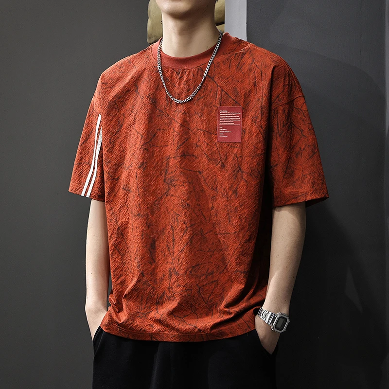 美式复古宽松圆领短袖T恤男夏季百搭薄款冰丝凉感条纹短袖t恤上衣