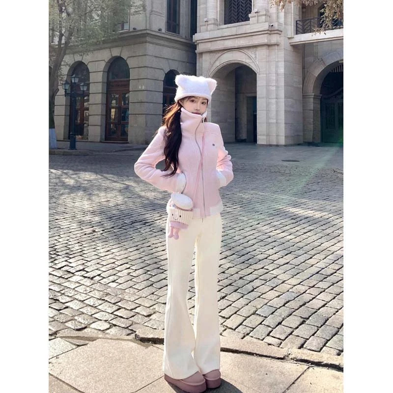 加绒白色牛仔裤女高腰微喇叭裤小个子显高显瘦休闲裤加长拖地裤子