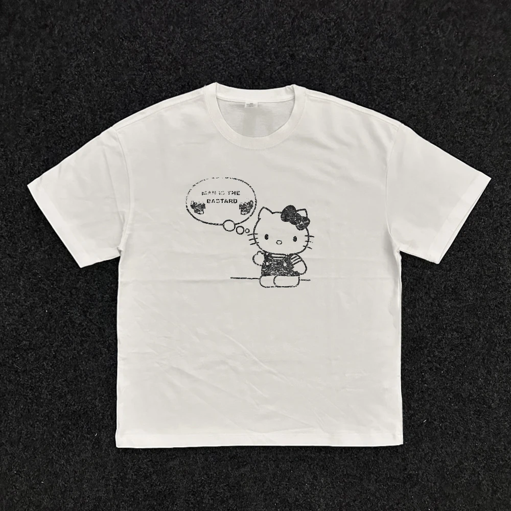 260g双纱纯棉古着感kt猫百搭纯棉短袖T恤小众设计感宽松圆领情侣