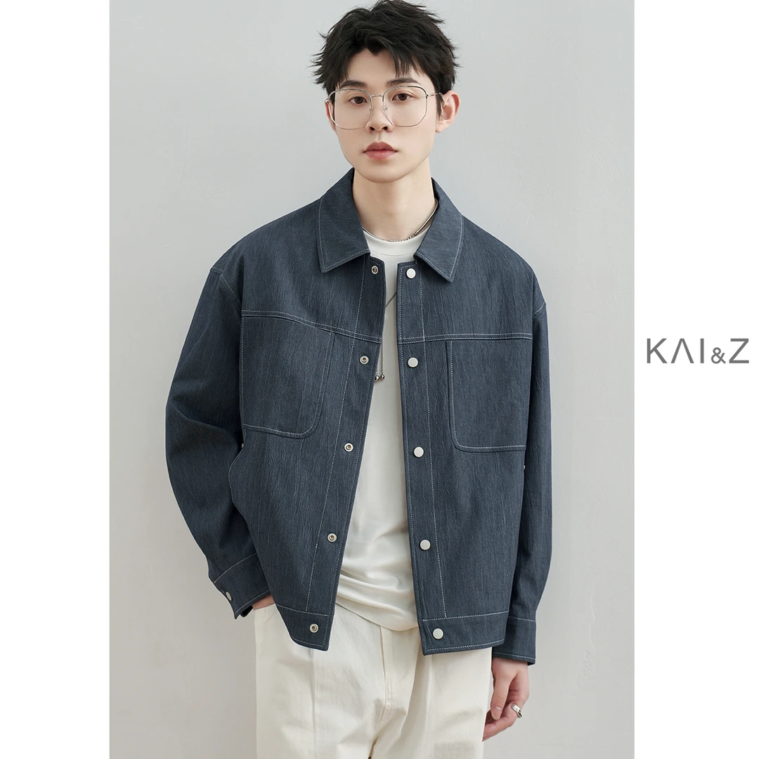 缉明线翻领棉质仿牛仔外套男春秋季2025新款宽松加棉冬装上衣夹克