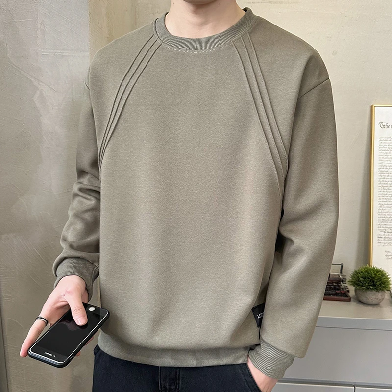 春秋季圆领卫衣男士长袖T恤潮牌纯色打底衫休闲百搭无帽男装上衣