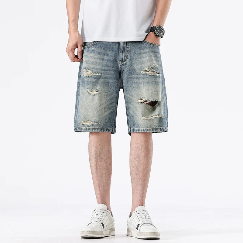 夏季新款潮流百搭宽松直筒破洞中裤五分裤