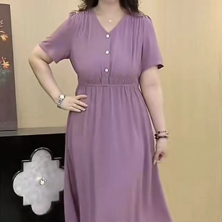 木棉林大码女装夏季新款黑色紫罗兰短袖连衣裙优雅气质ZB7099