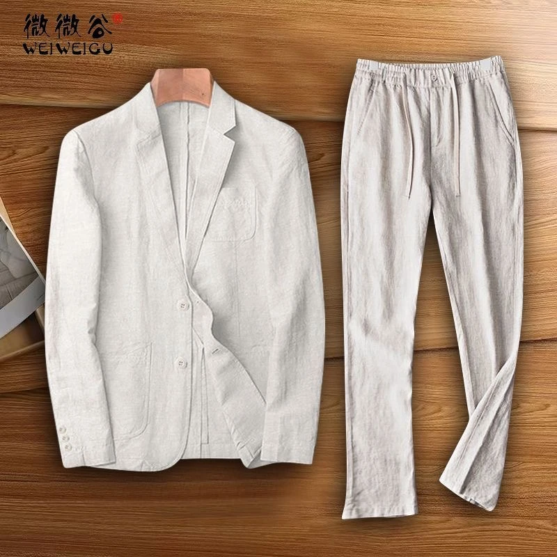 亚麻西服套装夏季薄款西装男装男士宽松春夏100%纯亚麻男套装休闲