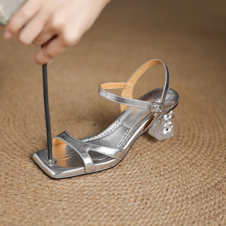 头层羊皮~5.5cm绝美软底凉鞋女夏踩屎感粗跟透明高跟鞋气质百搭款