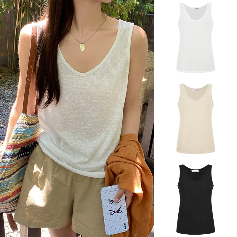 Moses Queen/魔西女王棉麻吊带背心女内搭宽松遮肚子打底无袖上衣