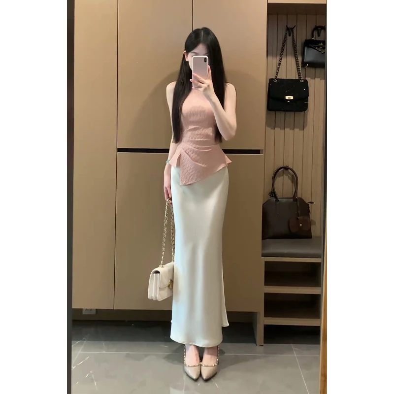 2025夏季新款女法式高级感圆领不规则无袖上衣高腰显瘦包臀半身裙