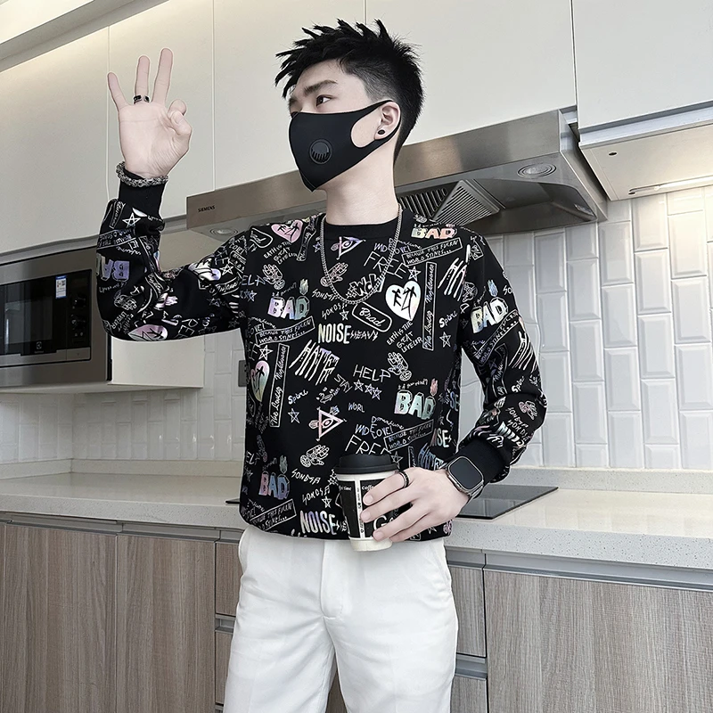 镭射印花卫衣男款爆款2025新款圆领长袖t恤潮牌痞帅休闲百搭体恤