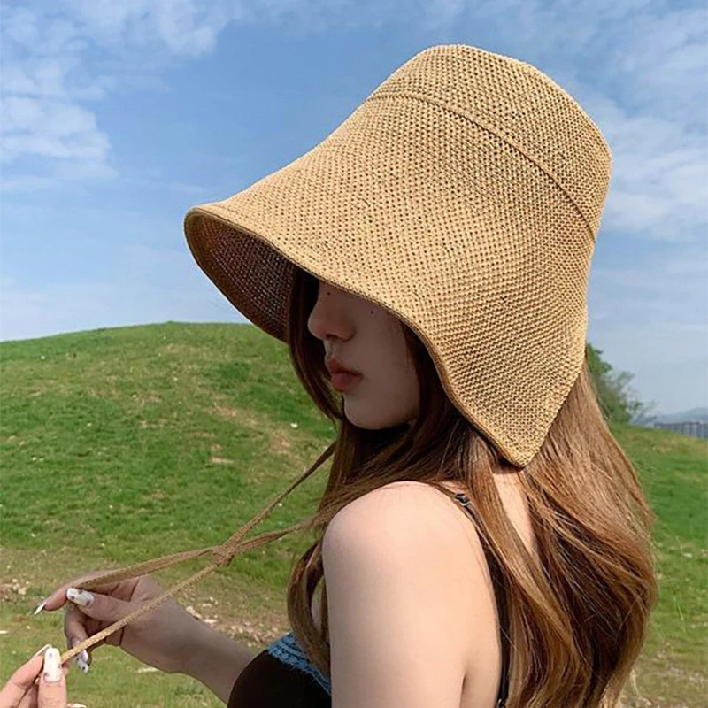 防晒帽女夏季遮阳防晒帽镂空帽子防风绳编织渔夫帽海边度假沙滩帽