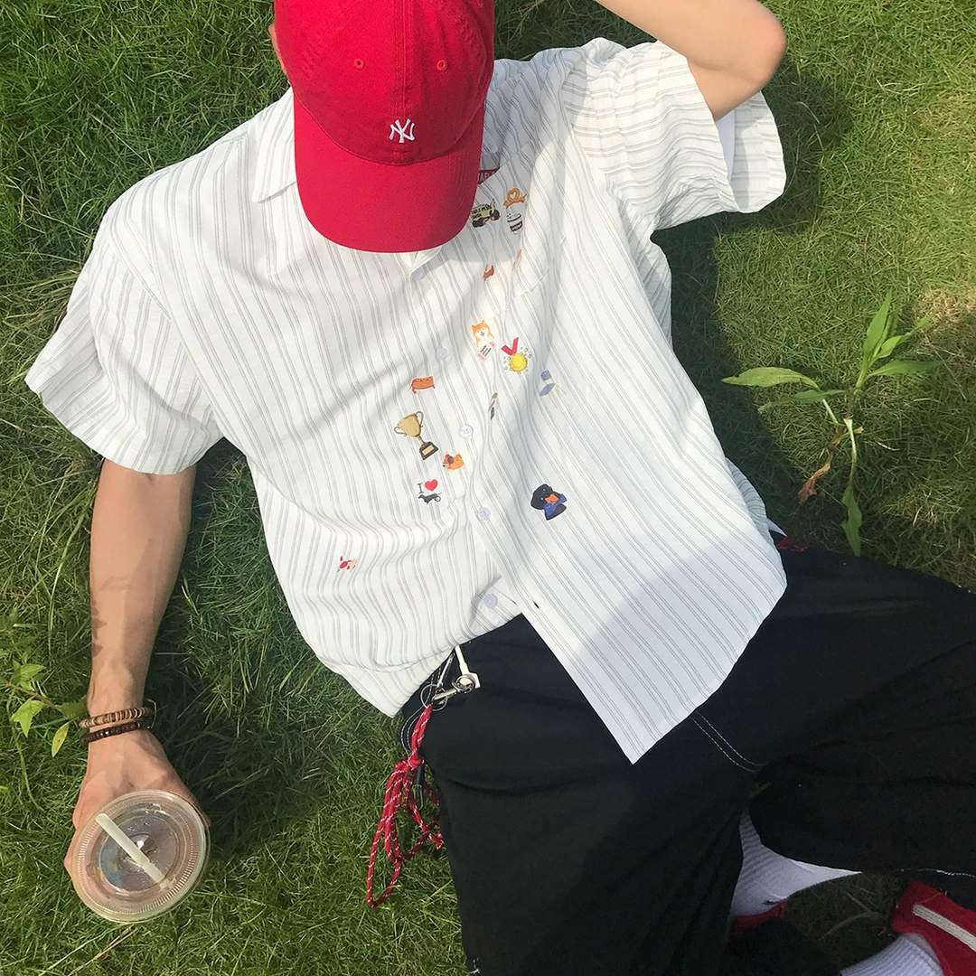 Holocene夏日穿搭沙滩趣味印花透气条纹衬衫高奢短袖男TP231