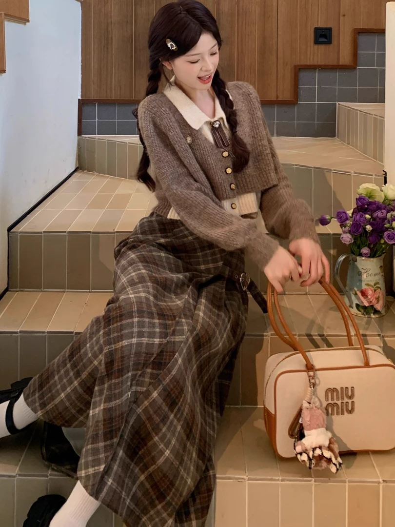 秋冬复古学院风Polo领假两件毛衣针织上衣格纹百搭a字半身裙洋气