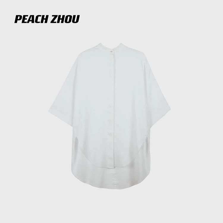 『PEACHZHOU』100亚麻前短后长宽松圆领系扣衬衫极简休闲老钱短袖女