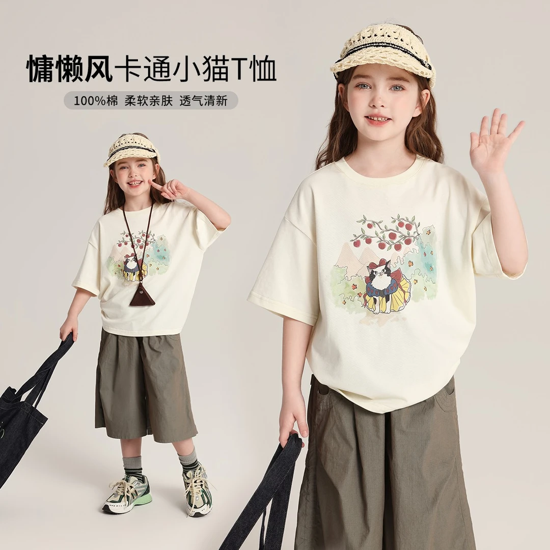 布丁哈鲁【白雪猫咪】亲肤透气印花2025夏季新款女童T恤G52TT231