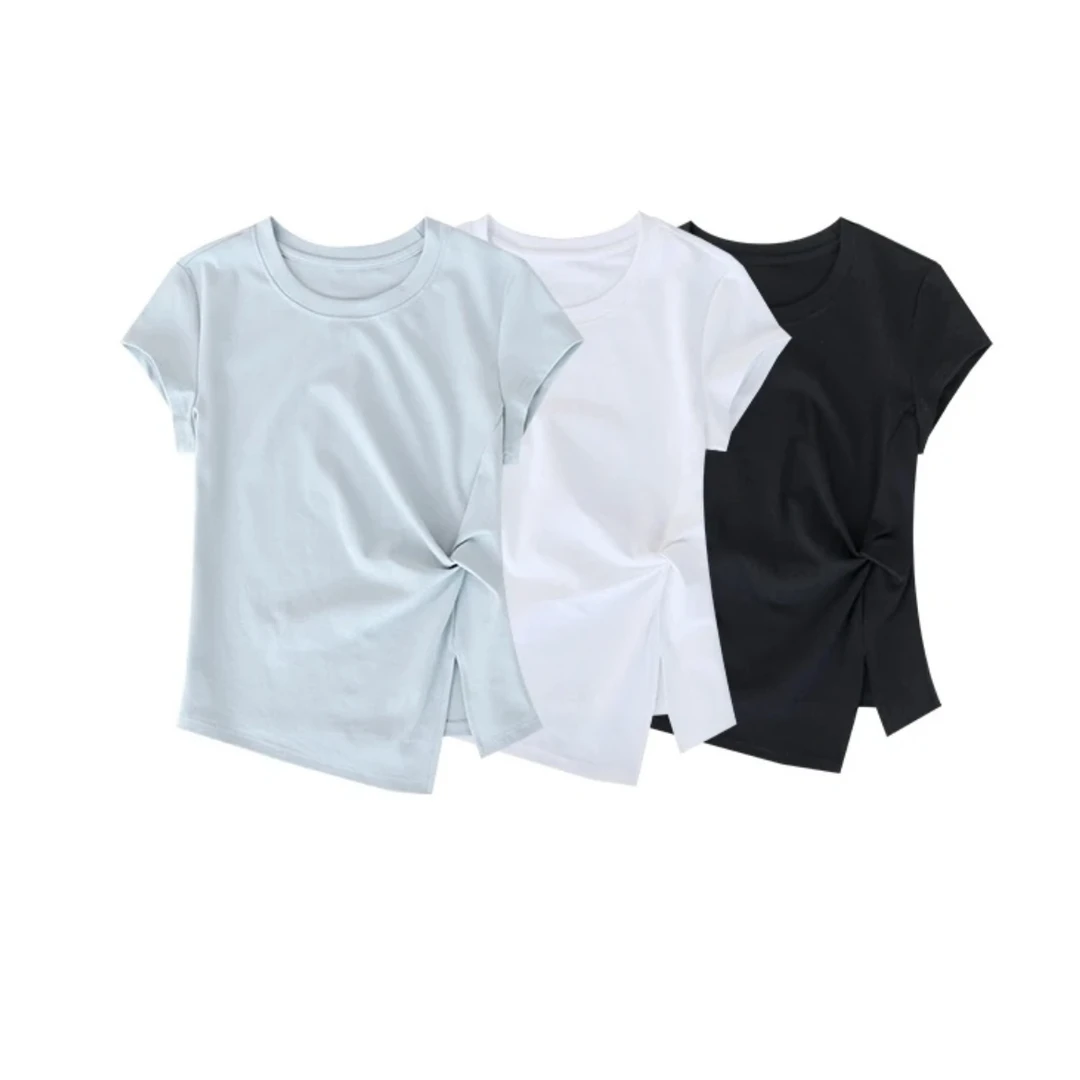 2025夏季新款法式减龄圆领正肩短袖T桖女修身显瘦设计感褶皱气质