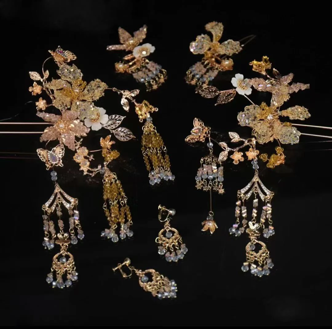 君心家 m184香槟色水晶中式发钗 | 高品新中式头饰新娘饰品