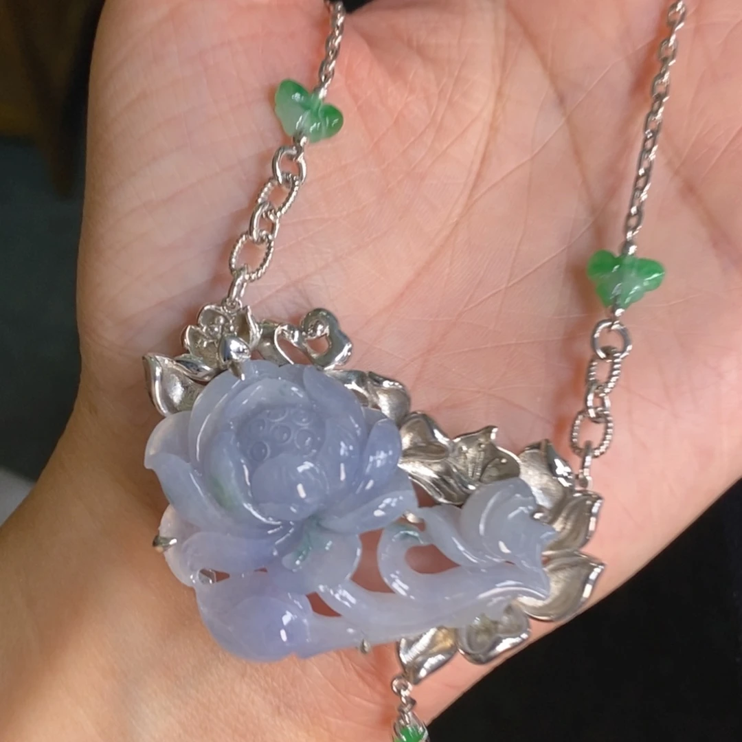 颈饰银S925镶嵌翡翠净货19356