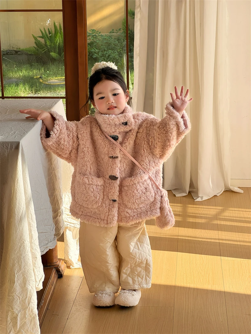 韩系女童小甜心粉色皮毛一体外套中长款洋气保暖休闲儿童棉服上衣