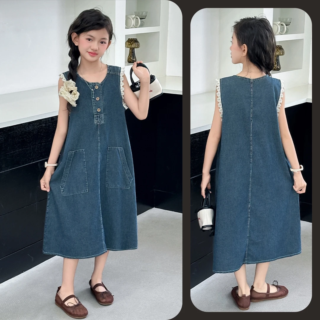 女童夏季时尚蕾丝边无袖牛仔连衣裙6~12岁中大童宽松韩版洋气潮款