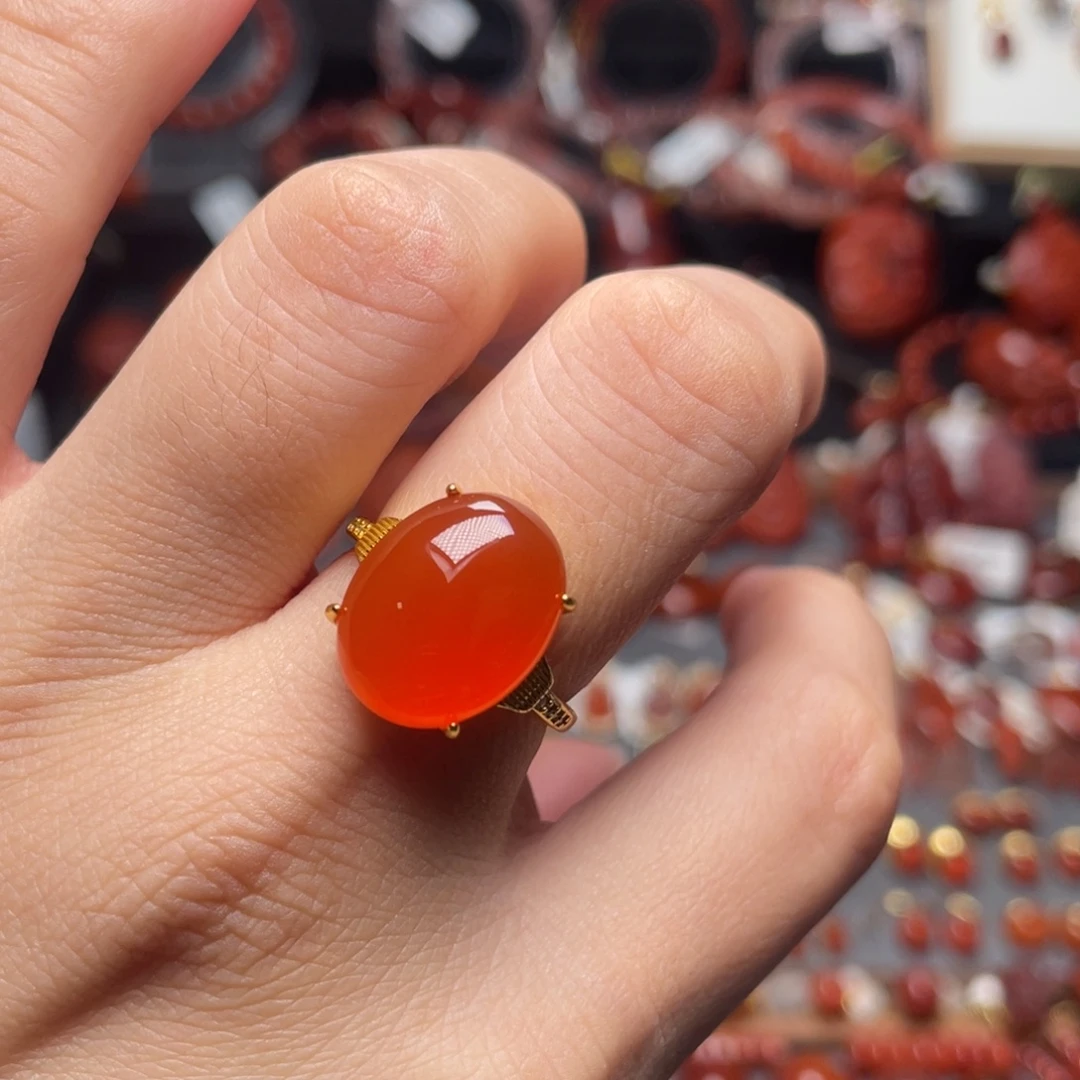 南红玛瑙银S925镶嵌原矿冰红戒指