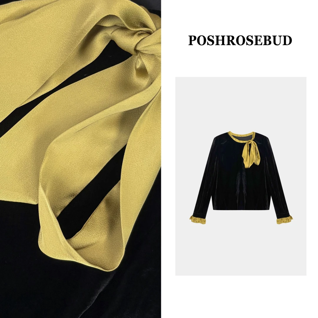 POSHROSEBUD【碧莲】撞色蝴蝶结圆领百搭休闲丝绒上衣衫-255883