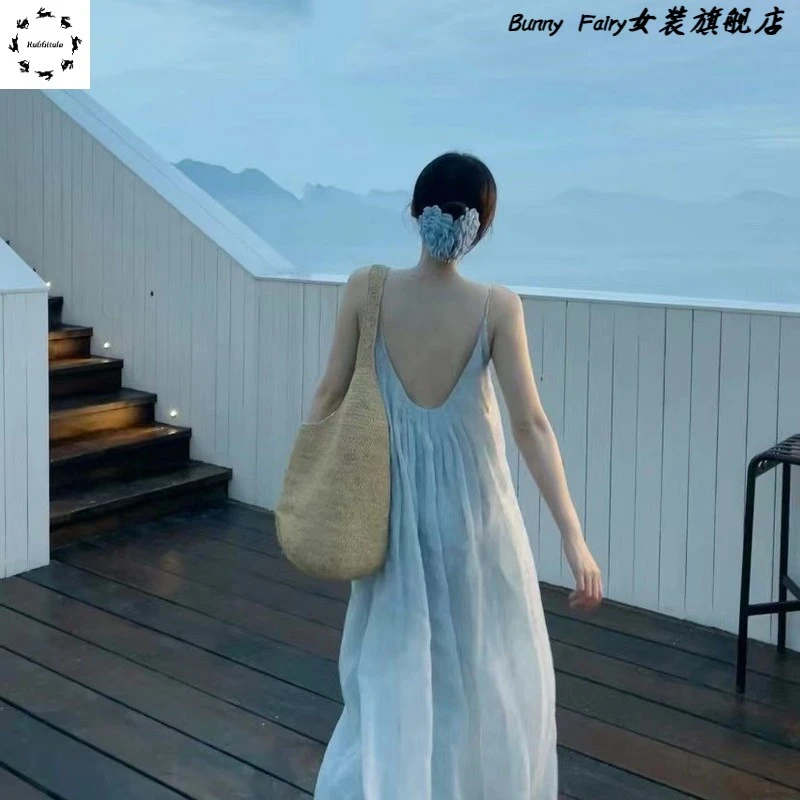 法式气质绝美吊带连衣裙女夏季高级性感露背宽松海边度假沙滩长裙