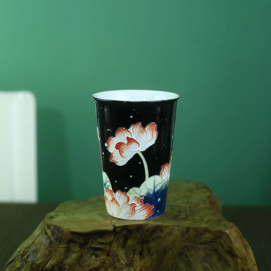 景德镇陶瓷文创纯手工手绘珐华彩精工高白泥纯花卉小可乐杯【预售】