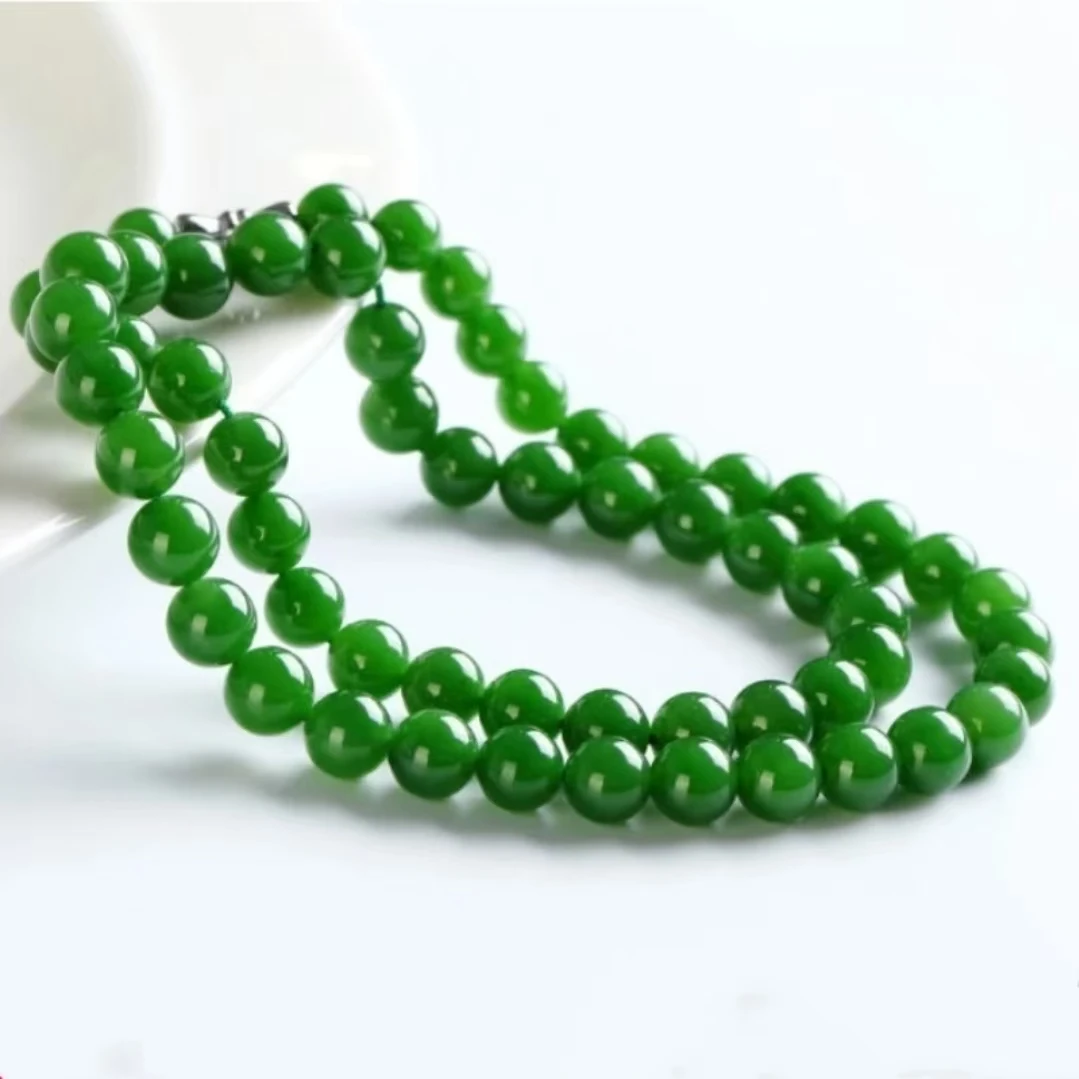 时尚气质菠菜绿色金丝玉圆珠项链