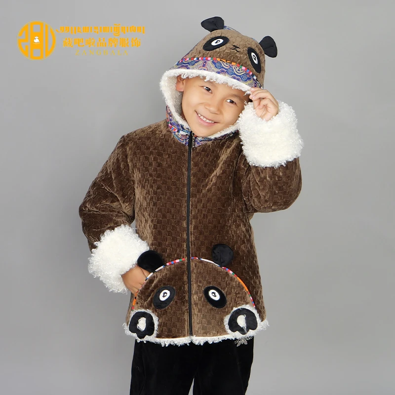 藏吧啦小孩高档卡通熊戴帽棉衣冬季加绒加厚棉衣棉服外套藏装保暖