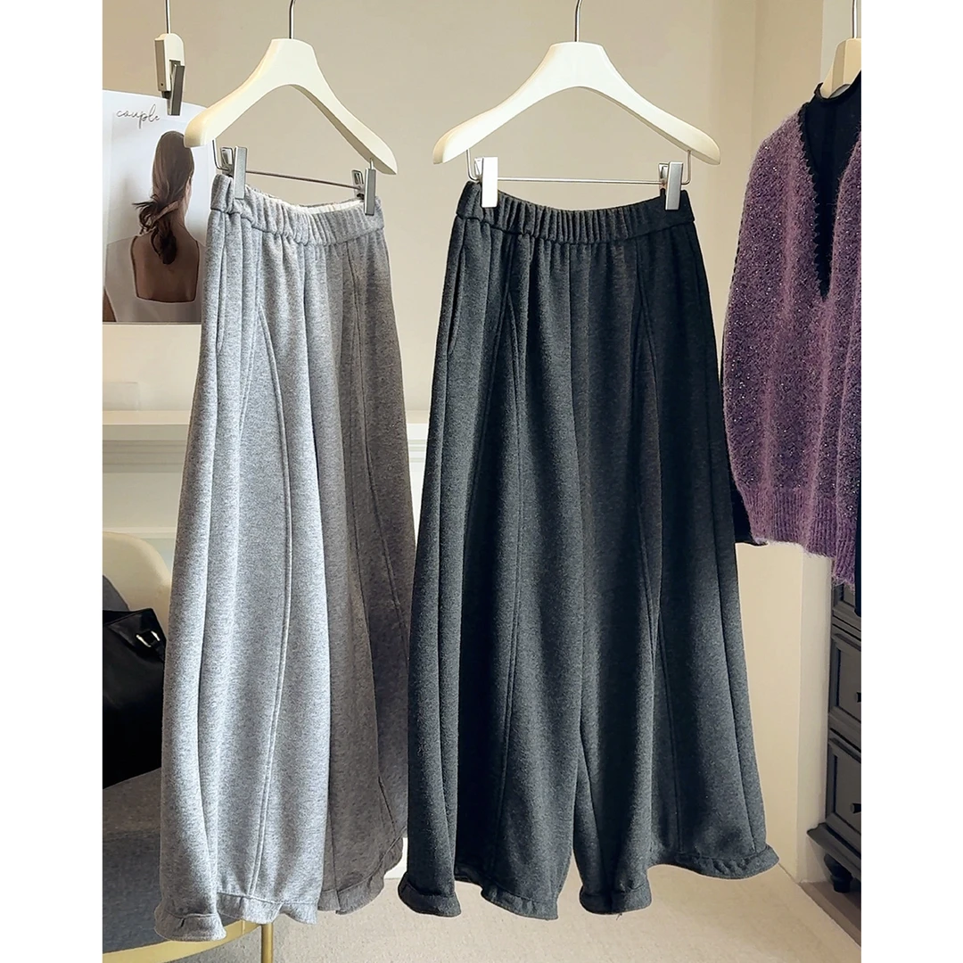 加绒加厚仿羊绒花苞阔腿裤女秋冬2025新款高腰宽松垂感九分休闲裤