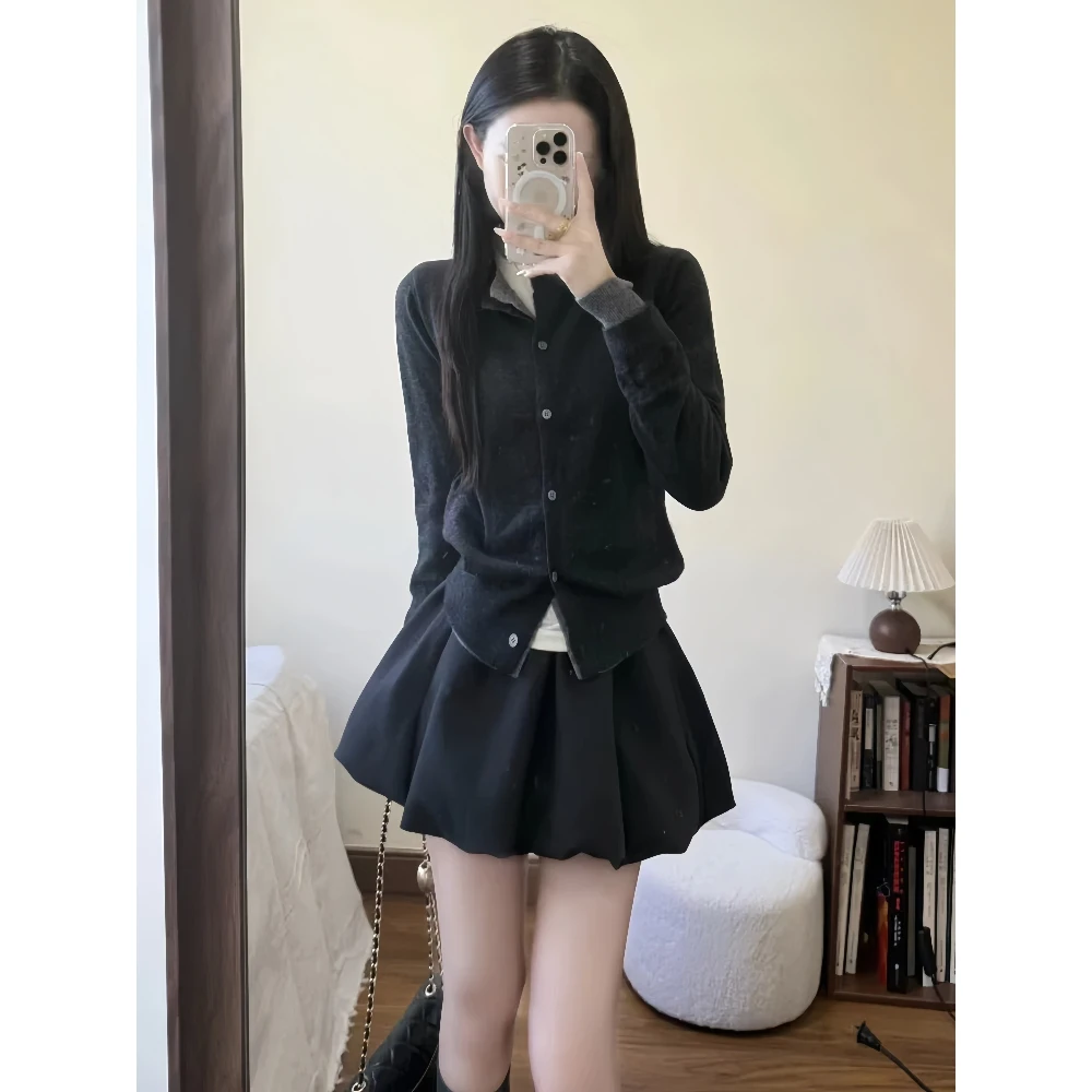 盐系御姐秋季穿搭一整套气质韩系小个子针织开衫花苞半身裙两件套