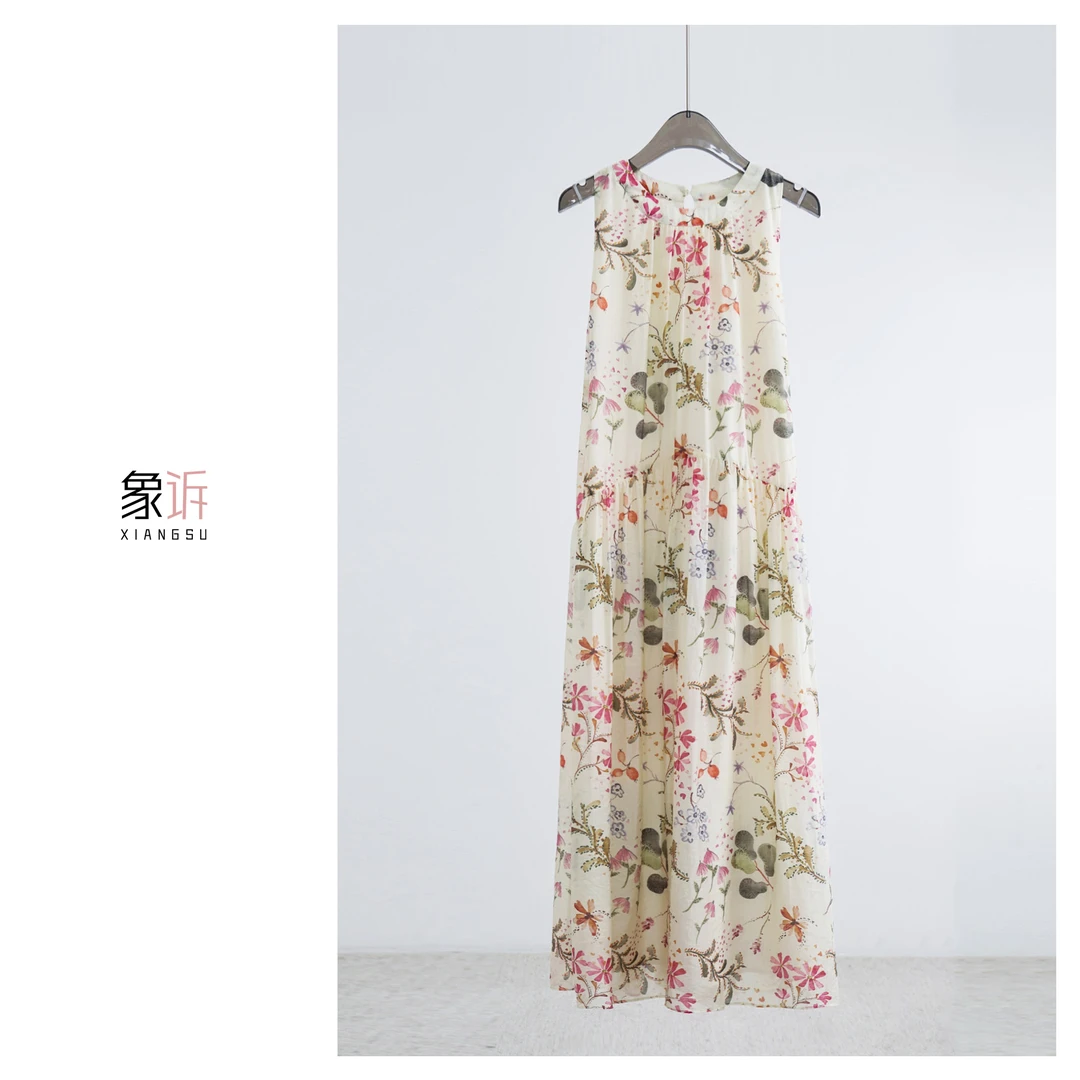 【象诉XIANGSU】夏秋新款宽松百搭天丝印花无袖连衣裙25022012064