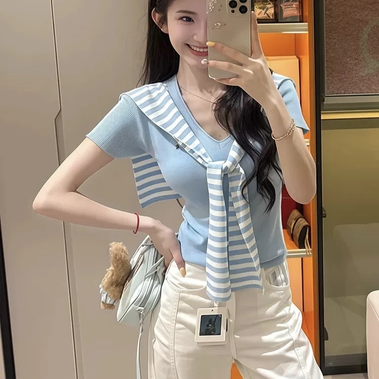 纯欲气质V领短袖T恤外搭条纹披肩女装夏季新款修身显瘦高级感上衣