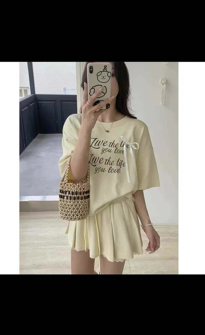 夏季新款时尚套装女蝴蝶系绳字母印花短袖T恤蕾丝短裙休闲两件套