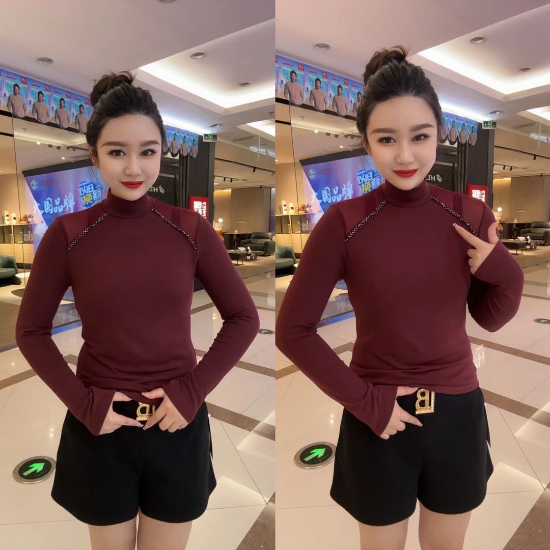 半高领串珠慕斯棉打底