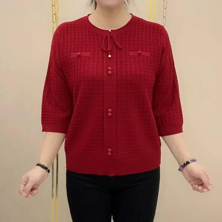 2025夏季新款洋气纯色休闲七分袖冰丝针织衫女装上衣薄款百搭毛衣