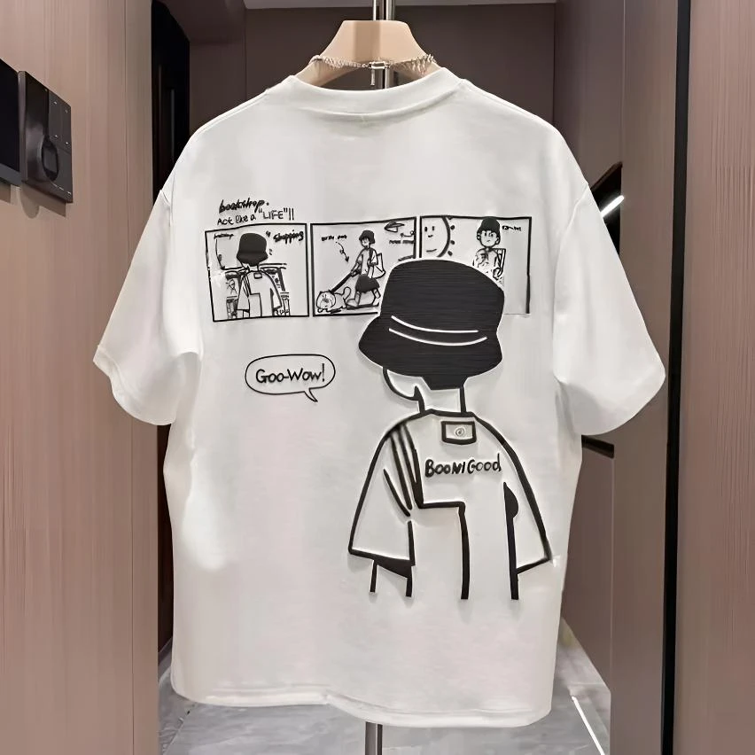 日常纯棉短袖印花夏季百搭圆领T恤男爆款潮流宽松休闲情侣半袖ins