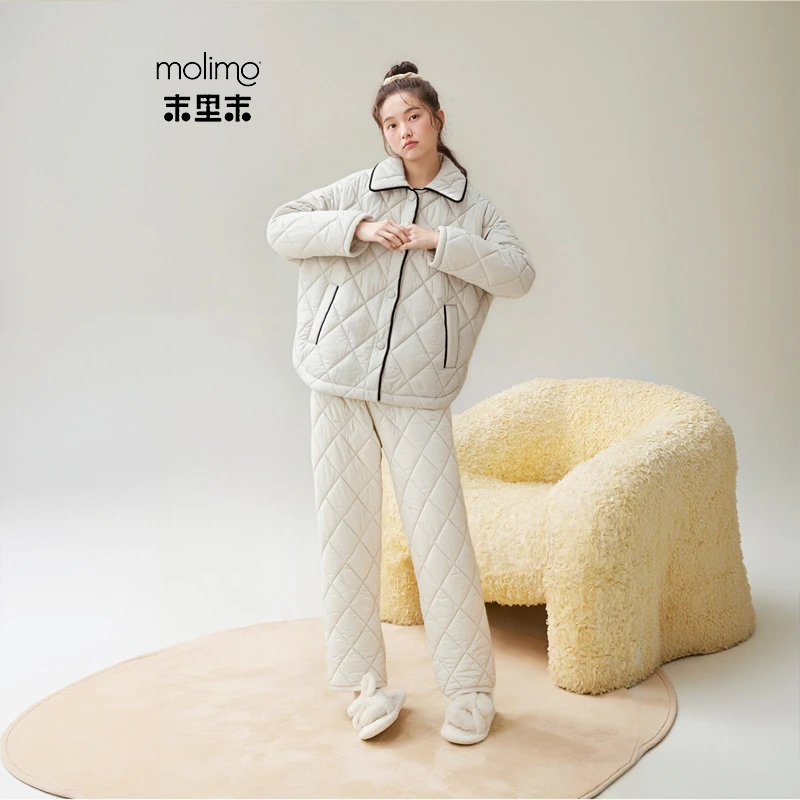 末里末【秋薯杏夹棉】秋冬季加绒时尚翻领两件套三层加厚保暖家居服