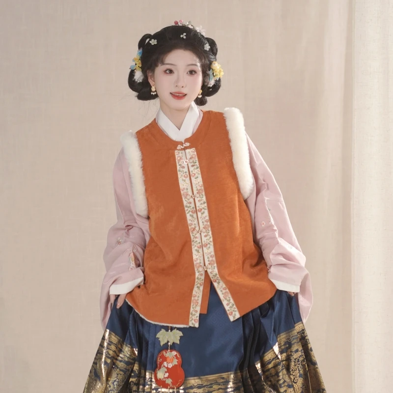 现货掉落汉墨记汉服胡萝卜明制加绒破肩圆领对襟比甲带口袋秋冬季